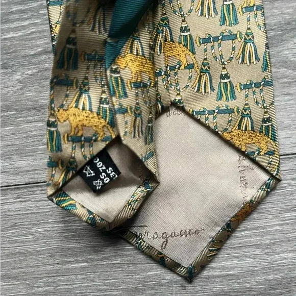 Salvatore Ferragamo Silk Gold Blue Tassel Cheetah Print 58” Men’s Necktie - Picture 4 of 6